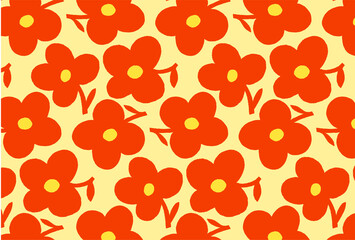 レトロな赤と黄色の黄背景の花柄の壁紙
