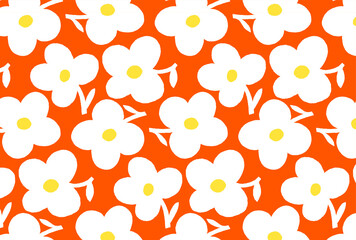 レトロな白と黄色の花柄の赤背景の壁紙
