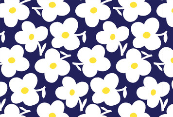 レトロな白と黄色の花柄の紺背景の壁紙
