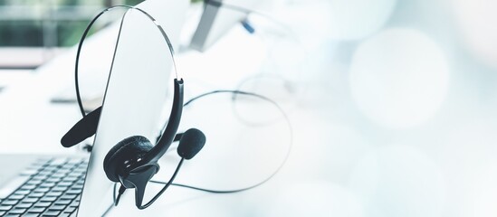 Headset and customer support equipment at call center ready for actively service . Corporate business help desk and telephone assistance concept .
