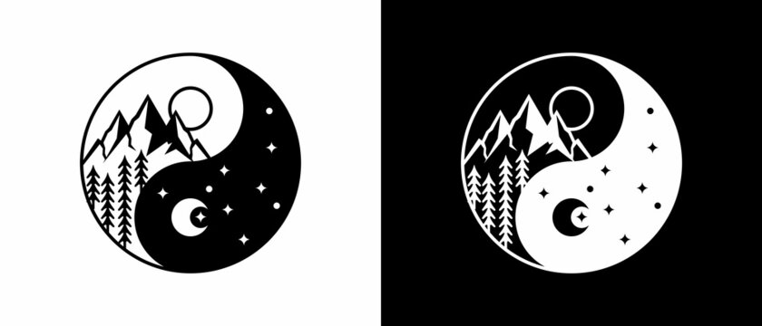 Ying Yang symbol vector illustration. Nature mountains tree sun logo type.