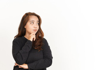 Thinking Gesture Of Beautiful Asian Woman Wearing Black Shirt Isolated On White Background