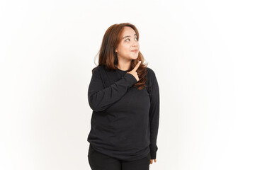 Pointing to product Of Beautiful Asian Woman Wearing Black Shirt Isolated On White Background