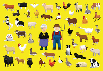 Various Farm Animals Character Cartoon Vector Illustration