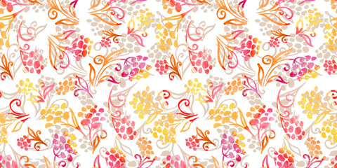 Autumn Watercolor Floral Seamless Patterns with packaging and scrapbooking. colorful orange, red and yellow branch and Flower on white Background