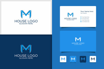 M shape house logo and business card design template. premium vector