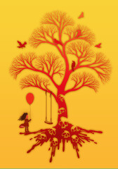 Tree coloring vector emotional illustration girl and tree with balloons