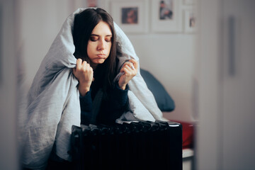 Woman Sitting Next to a Heater with a Blanket on her Head