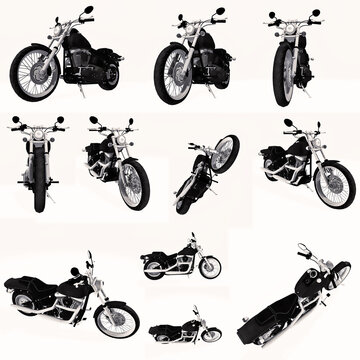 3d stylized bike model set isolated on a light background. 3d rendering illustration motorcycle set of different views for vfx and animation movie and video game projects.