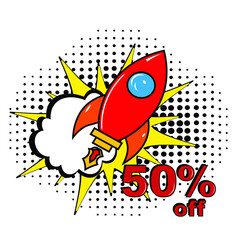 Pop art comic sale discount promotion banner. 50 percent off. Comic text 50 percent sale set discount. Promo sale Fifty percent poster
