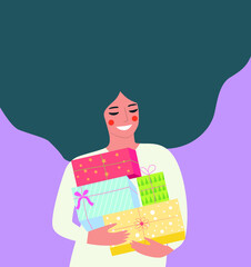 Happy cartoon woman carries a pile of gift box with ribbon vector flat illustration. Smiling colorful girl with long hair holding gifts, having positive emotions, isolated on phylet.