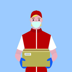 Delivery man with box during the prevention of coronovirus, Covid-19. Courier in a face mask with food. Safety home delivery. Flat cartoon style vector illustration.