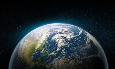 Earth in the space. Blue planet for wallpaper. Green planet or Globe on galaxy. Elements of this image furnished by NASA - obrazy, fototapety, plakaty