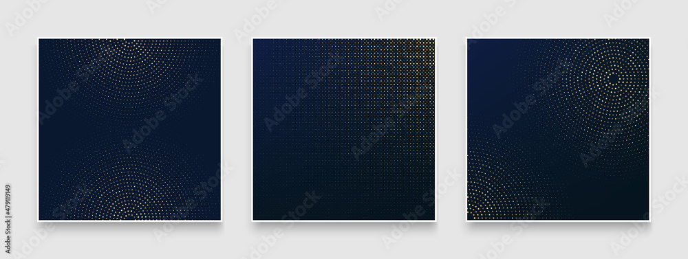Poster set of abstract wavy dots line pattern with dark navy blue and golden color. luxury dark color dots 