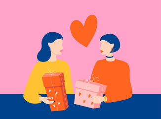 vector hand drawn illustration in flat style - a happy lesbian couple give each other gifts for valentine's day.