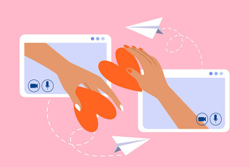 vector hand drawn illustration in flat style on the theme of online greetings on valentine's day. two hands pass each other valentines from the laptop screen.