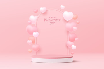 Realistic pink 3D cylinder pedestal podium with floating balloons heart shape. Valentine pastel minimal scene for products showcase, Promotion display. Vector abstract studio room  platform design.