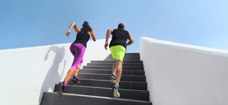 Stairs Exercise Couple Athletes Runners Running Up Staircase Training Hiit Interval Training Workout. Fitness Gym Active Sport People Climbing In Urban City Panoramic Banner.