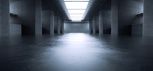 Obraz premium Advanced background High end scenario concrete wall 3D rendering booth Exhibition hall Dark technology