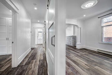 Empty beautiful old style modern renovated apartment in 2 floors Canadian house with nice equipped contemporary kitchen with appliances, stove, fridge, washer and dryer, new bathroom and powder room