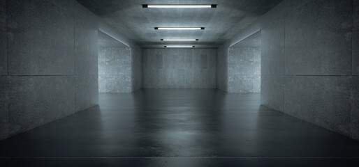 Advanced background High end scenario concrete wall 3D rendering booth Exhibition hall Dark technology