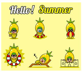 vector cute cartoon character pineapple fruit mascot costume set collection hello summer bundle
