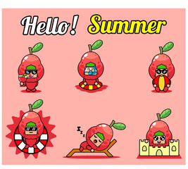 Fototapeta premium vector cute cartoon character water guava fruit mascot costume set collection hello summer bundle