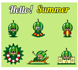 vector cute cartoon character watermelon fruit mascot costume set collection hello summer bundle