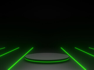 3D black scientific stage with green neon lights. Geometric podium. Sci-Fi stand. © Kavik