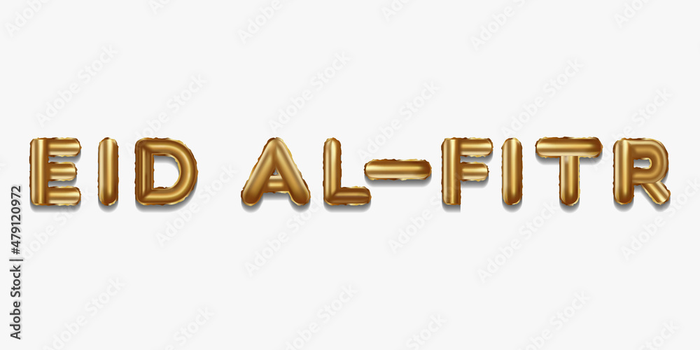 Poster eid al fitr written with golden foil balloons. eid al fitr lettering realistic gold balloons