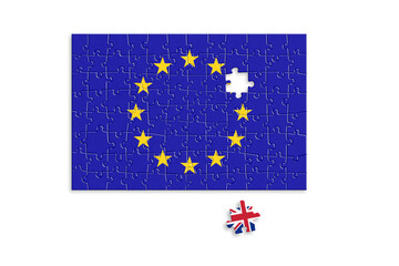 Puzzle made from Europe Union and United Kingdom flags. United Kingdom and European Union relationships after Brexit