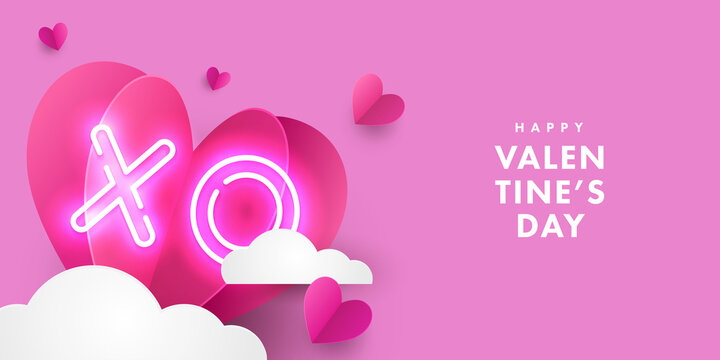 Romantic creative design of Happy Valentine's Day card with pink red realistic 3d origami paper hearts over clouds and XO neon symbol. Festive banner, sale poster, social media or promo templates.