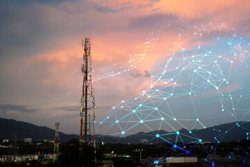 Telecommunication Tower for 2G 3G 4G 5G network during sunset. Antenna, BTS, microwave, repeater, base station, IOT. Technology concept in internet and mobile communication - obrazy, fototapety, plakaty