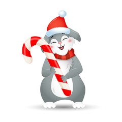 Year of rabbit. Christmas bunny in santa hat with lollypop. Chinese New year 2023 symbol. Vector illustration in cartoon style. Design element for greeting cards, holiday banner, decor.