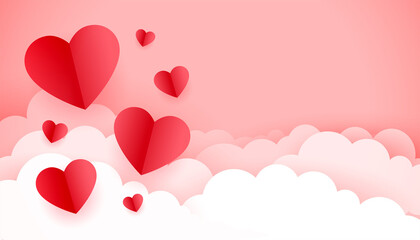 floating paper hearts on clouds pink background for valentines day