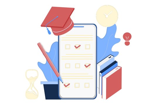 Online exam in mobile smartphone app. Online test, opinion checklist, online education, questionnaire form, survey metaphor, answering internet quiz, homework assignment. Computer test and examination