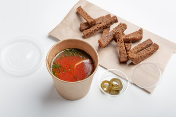 Delicious appetizing lunch, healthy food, meal delivery to home and office. Modern business