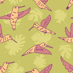 Hand drawn tropical hummingbirds seamless pattern. Perfect for T-shirt, textile and print. Doodle vector illustration for decor and design.
