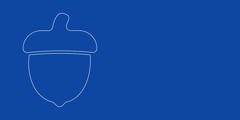 A large white outline acorn symbol on the left. Designed as thin white lines. Vector illustration on blue background