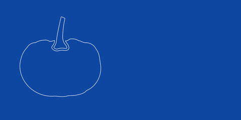 A large white outline pumpkin symbol on the left. Designed as thin white lines. Vector illustration on blue background
