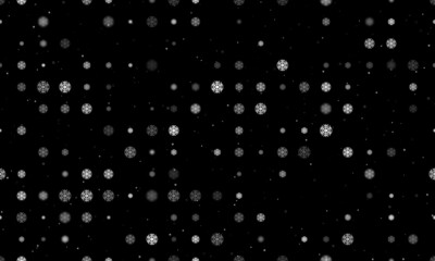 Seamless background pattern of evenly spaced white snowflake symbols of different sizes and opacity. Vector illustration on black background with stars