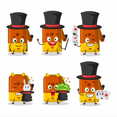 A orange pencil sharpener table Magician cartoon character perform on a stage
