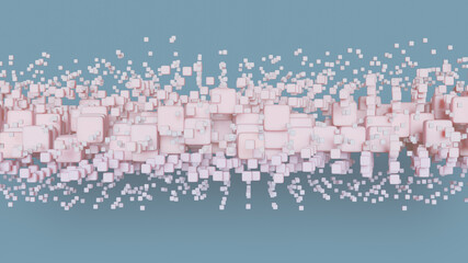 Abstract background with lots of pink 3d cubes of different sizes on a blue background