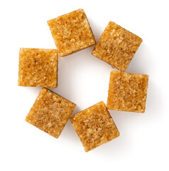 Brown sugar cubes isolated on white background, top view