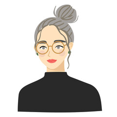 Female with bun hair and glasses. Vector illustration of a smiling expression.