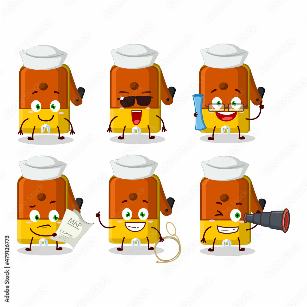 Sticker A character image design of orange pencil sharpener table as a ship captain with binocular