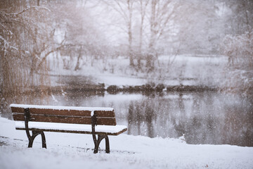Snowy park bench on a frozen lake with trees in winter. Snowy landscape