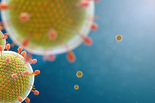 Paramyxovirus mumps , COVID pandemic, Close-up of virus under microscope. Realistic high quality medical 3d animation.