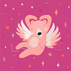 An angel bear makes a love gesture with its arm and flies over a romantic rosy sky with stars.  With the word love in front, vector.