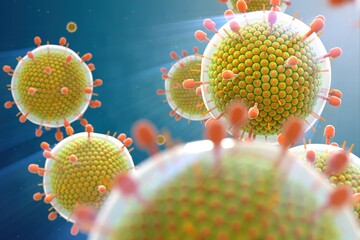 Paramyxovirus mumps , COVID pandemic, Close-up of virus under microscope. Realistic high quality medical 3d animation.